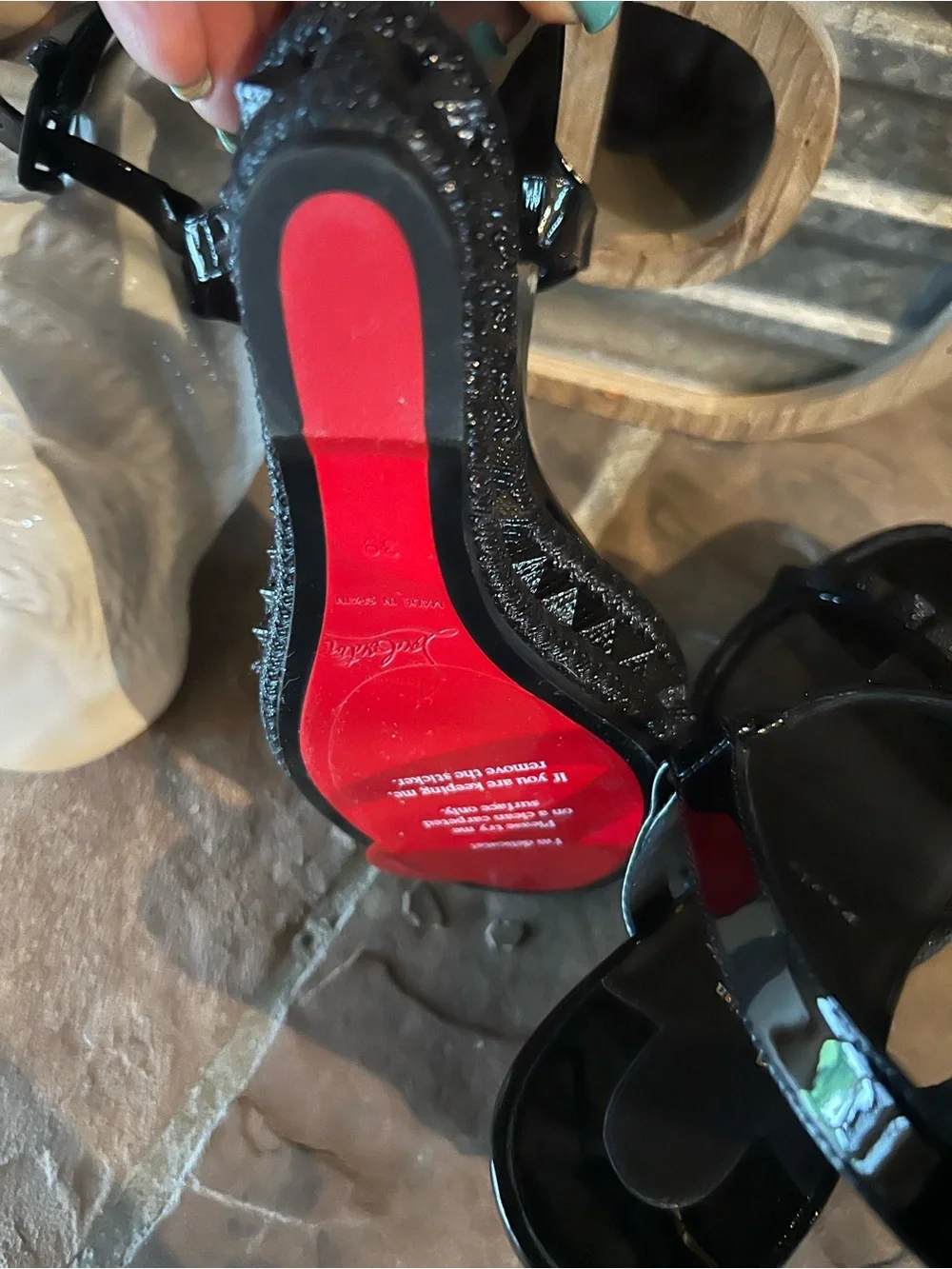 Christian Louboutin Black Patent Wedge Sandals with Studded Straps 8 - Picture 6 of 6